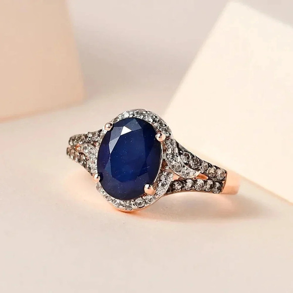 Natural Blue Sapphire & Natural White Zircon & Champagne Zircon Ring - Picture 3 of 10